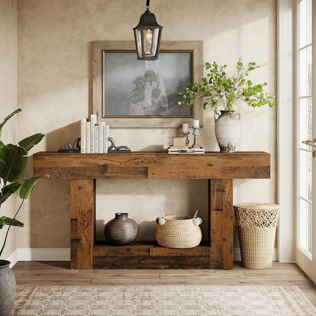 Tribesigns 63" Console Table, Farmhouse 2-Tier Entryway Table with U-Shaped Base, Narrow Long Wood Sofa Table Behind Couch Table