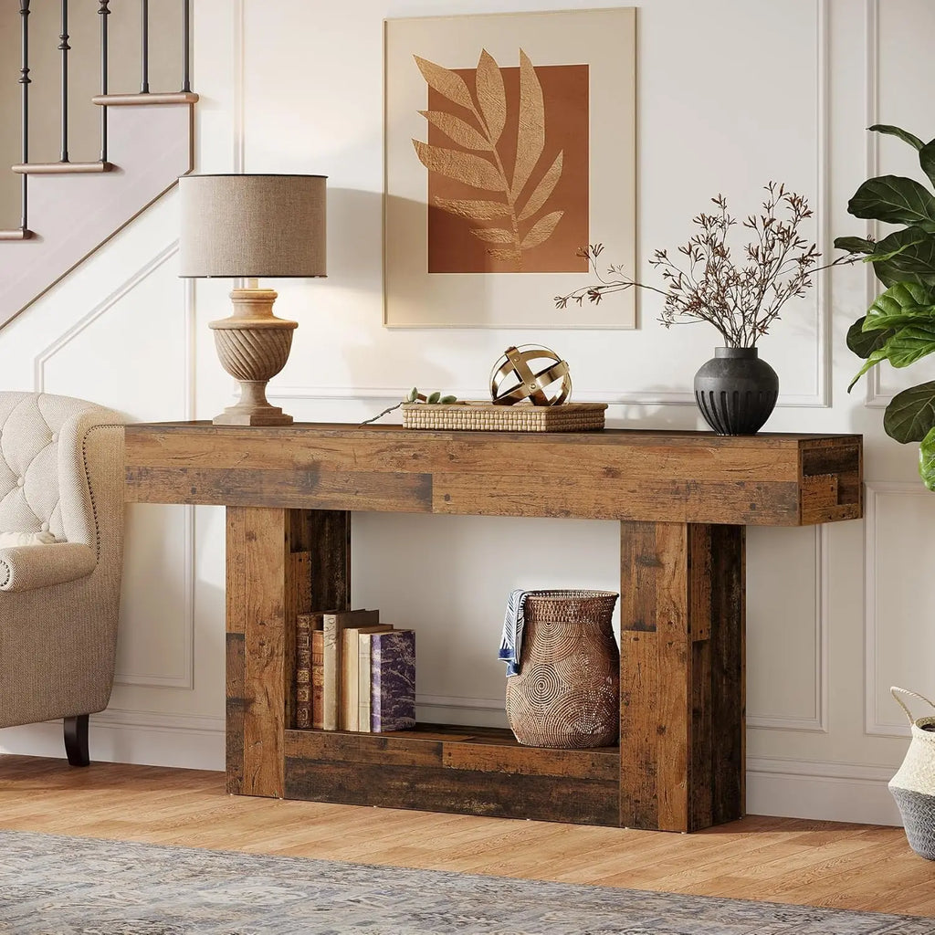 Tribesigns 63" Console Table, Farmhouse 2-Tier Entryway Table with U-Shaped Base, Narrow Long Wood Sofa Table Behind Couch Table