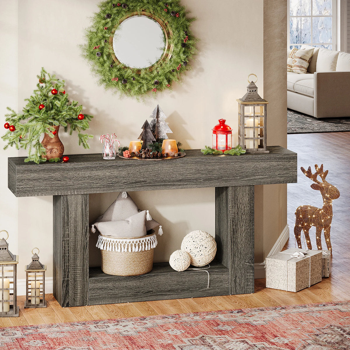 Tribesigns 63" Console Table, Farmhouse 2-Tier Entryway Table with U-Shaped Base, Narrow Long Wood Sofa Table Behind Couch Table