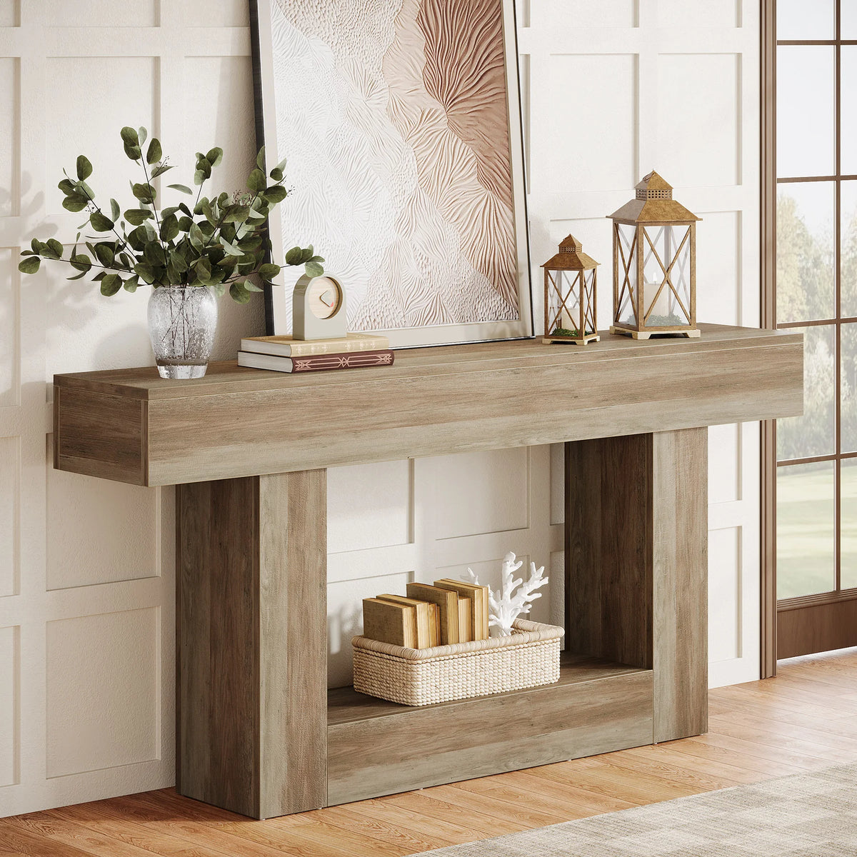 Tribesigns 63" Console Table, Farmhouse 2-Tier Entryway Table with U-Shaped Base, Narrow Long Wood Sofa Table Behind Couch Table