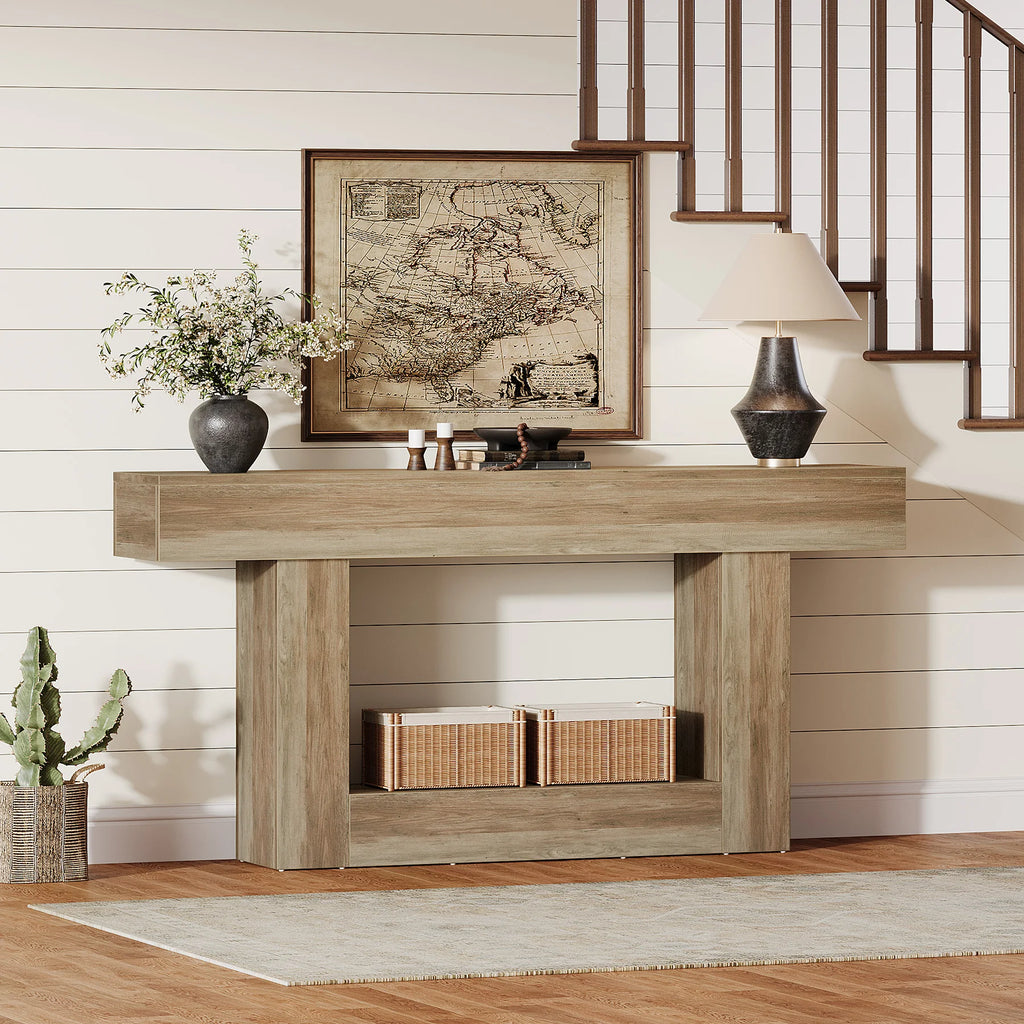 Tribesigns 63" Console Table, Farmhouse 2-Tier Entryway Table with U-Shaped Base, Narrow Long Wood Sofa Table Behind Couch Table