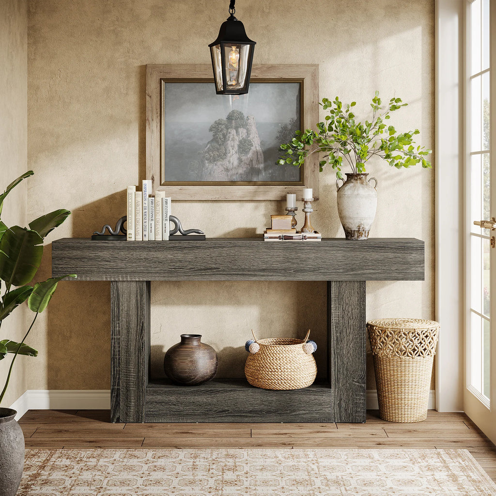 Tribesigns 63" Console Table, Farmhouse 2-Tier Entryway Table with U-Shaped Base, Narrow Long Wood Sofa Table Behind Couch Table