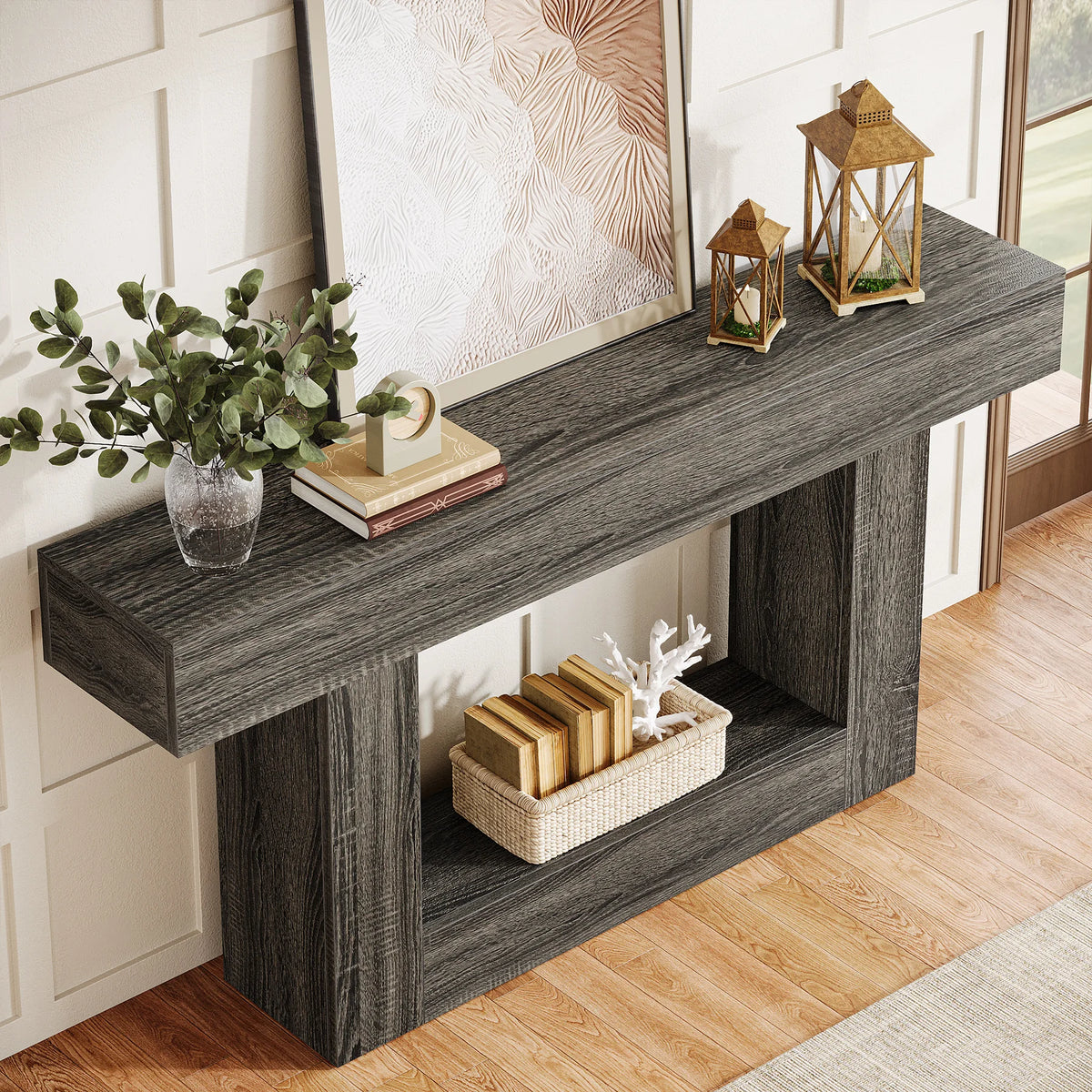 Tribesigns 63" Console Table, Farmhouse 2-Tier Entryway Table with U-Shaped Base, Narrow Long Wood Sofa Table Behind Couch Table