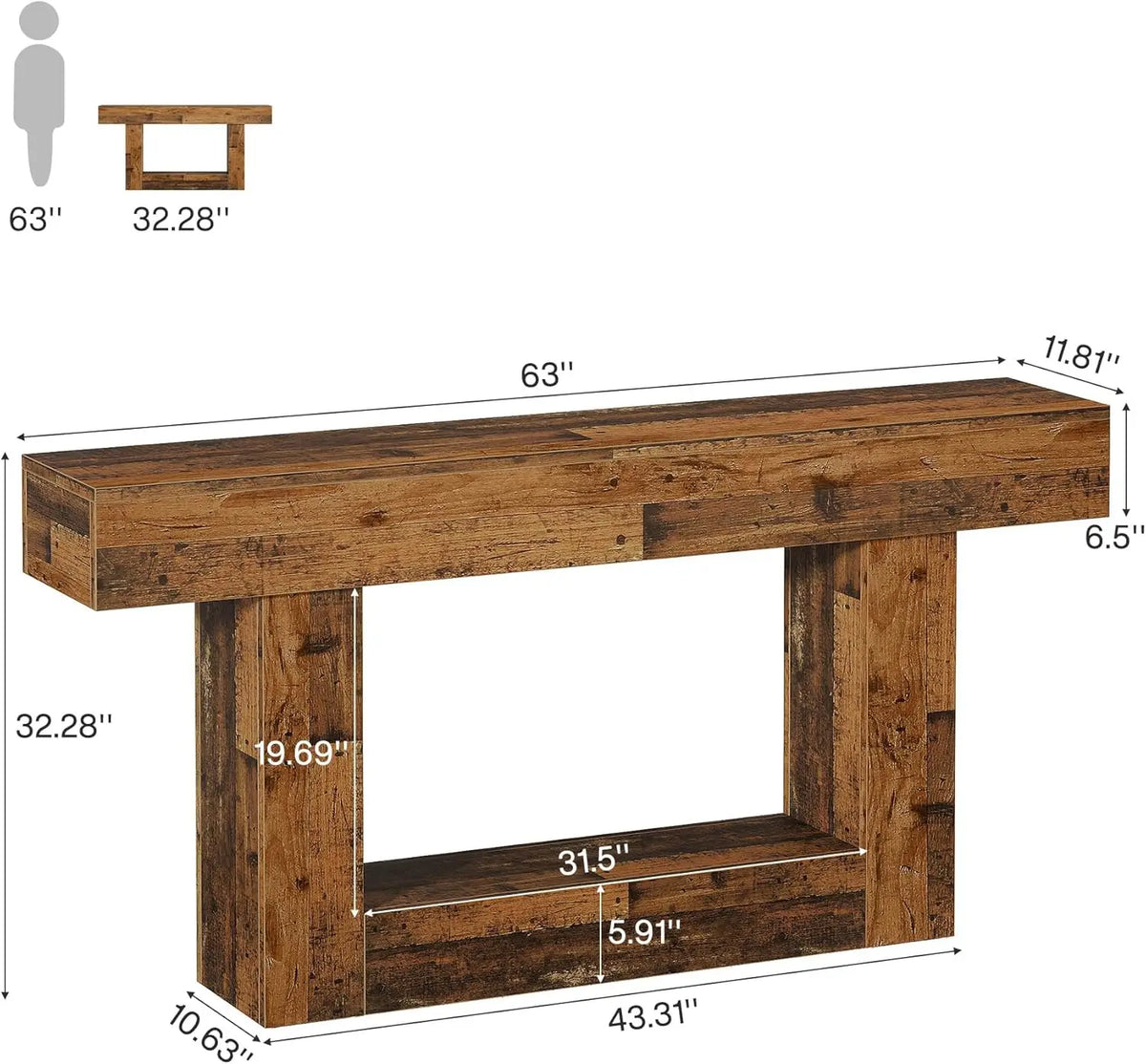 Tribesigns 63" Console Table, Farmhouse 2-Tier Entryway Table with U-Shaped Base, Narrow Long Wood Sofa Table Behind Couch Table