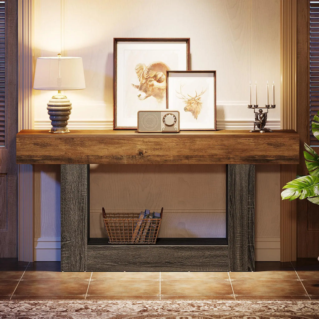 Tribesigns 63" Console Table, Farmhouse 2-Tier Entryway Table with U-Shaped Base, Narrow Long Wood Sofa Table Behind Couch Table