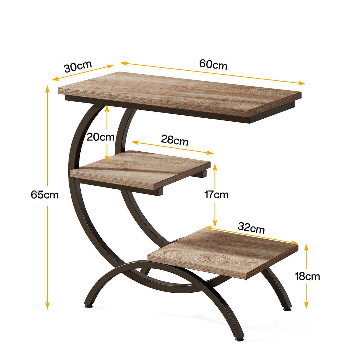 Tribesigns C-Shaped End Table, Industrial 3-Tier Small Table for Couch, Wood Bedside Table Snack Table with Storage Shelves