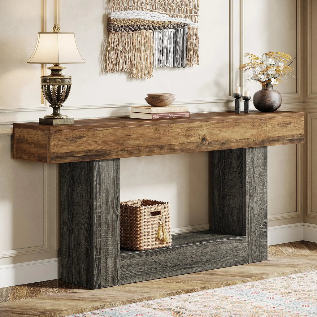 Tribesigns 63" Console Table, Farmhouse 2-Tier Entryway Table with U-Shaped Base, Narrow Long Wood Sofa Table Behind Couch Table